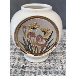 Vtg  Art of Chokin Oval Bud Vase 24k Gold Edged Butterflies Flowers Japan